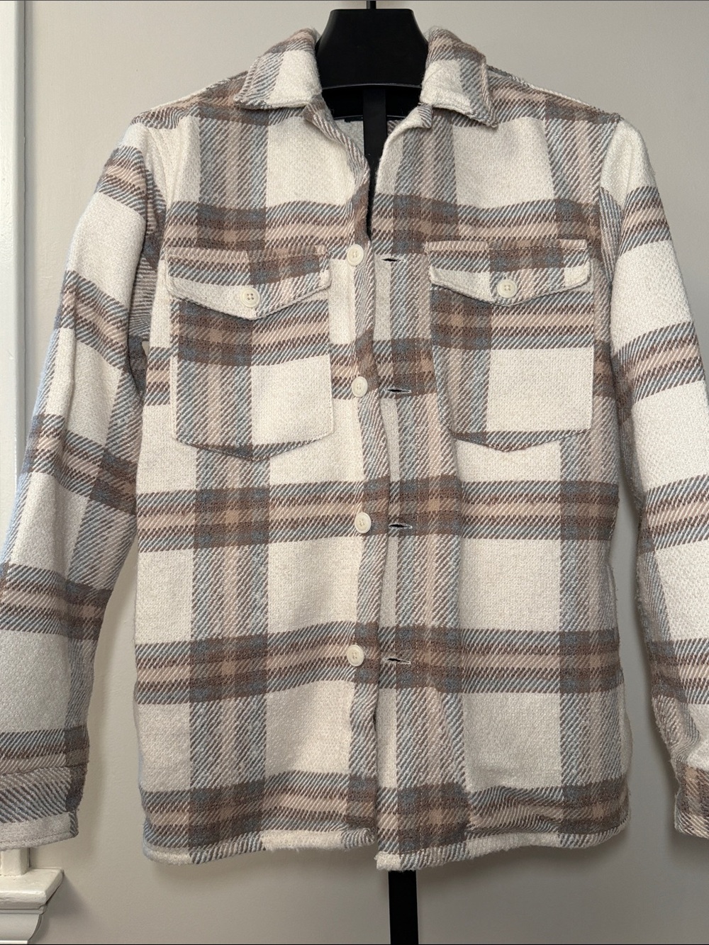 Men's Zara Plaid Button-Up Shacket Jacket - Cream & Brown